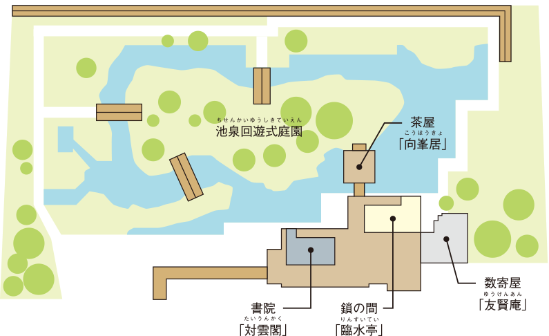 縦目楼（しょうもくろう）と庭園の配置図